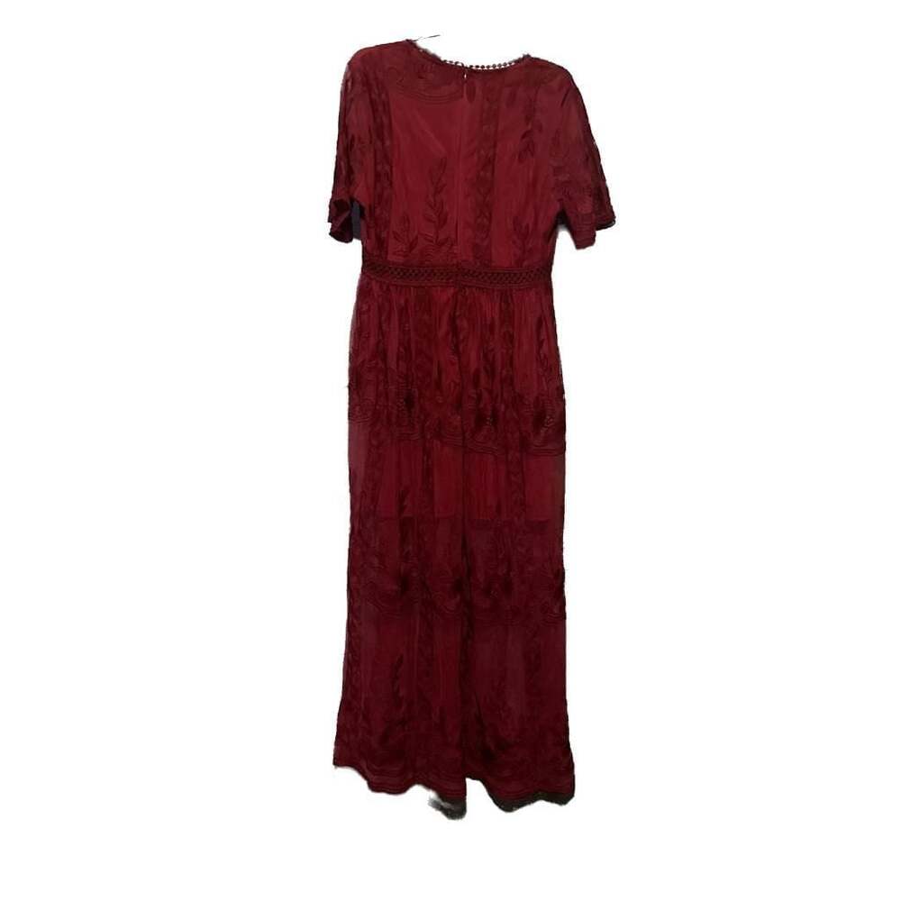 Eleter Deep V-Neck Lace Bohemian Romper Short Sleeve Long Dress in Burgundy